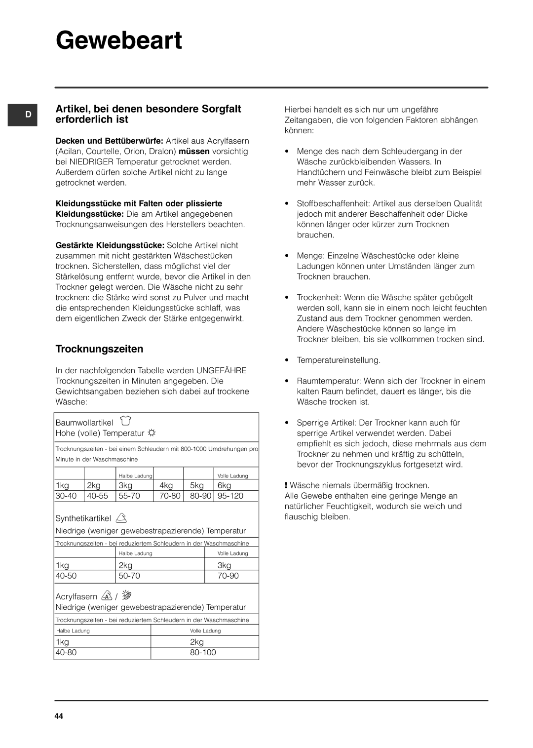 Indesit ISL66CX, ISL65C manual Artikel, bei denen besondere Sorgfalt Erforderlich ist, Trocknungszeiten 