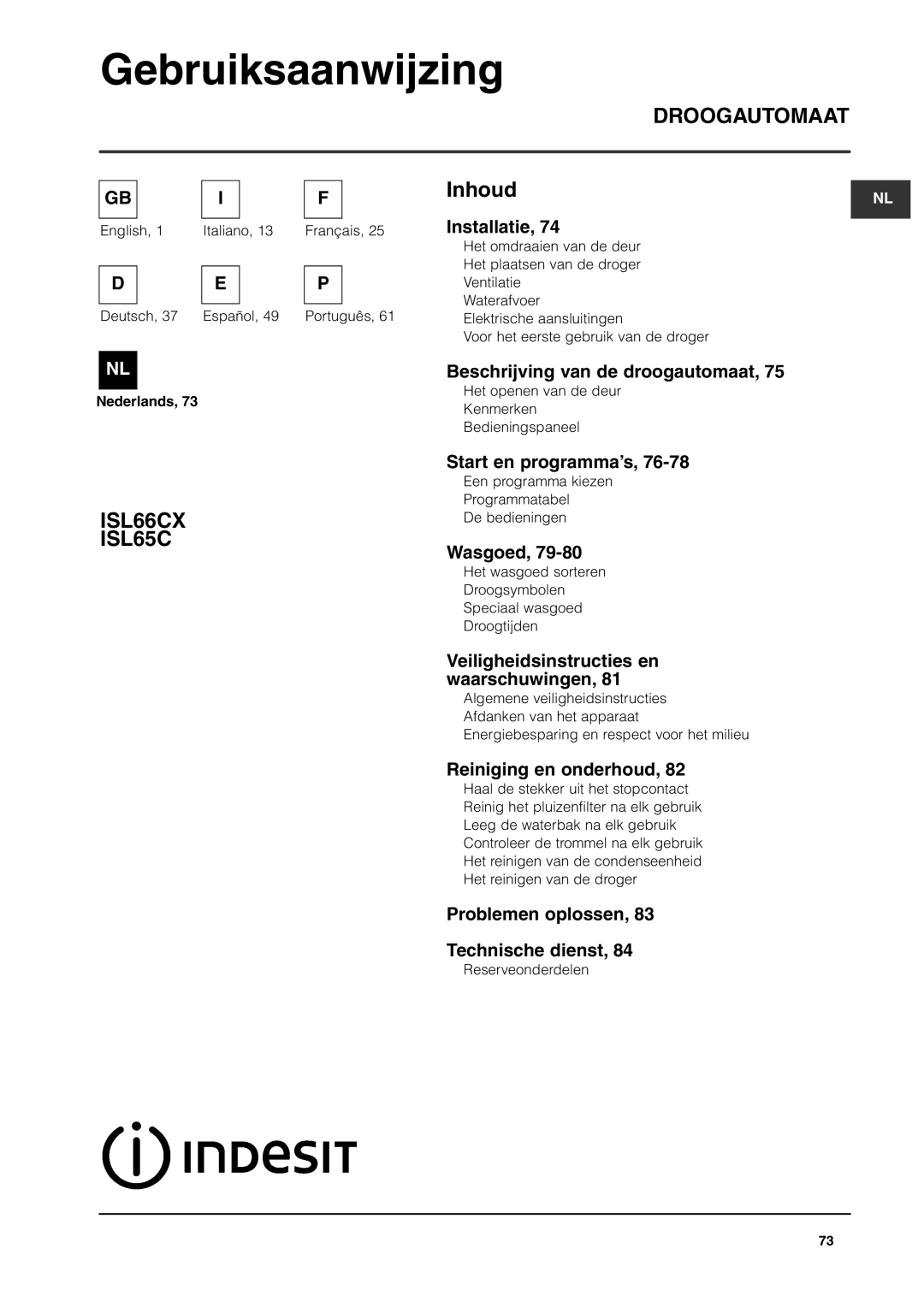 Indesit ISL65C, ISL66CX manual Gebruiksaanwijzing 