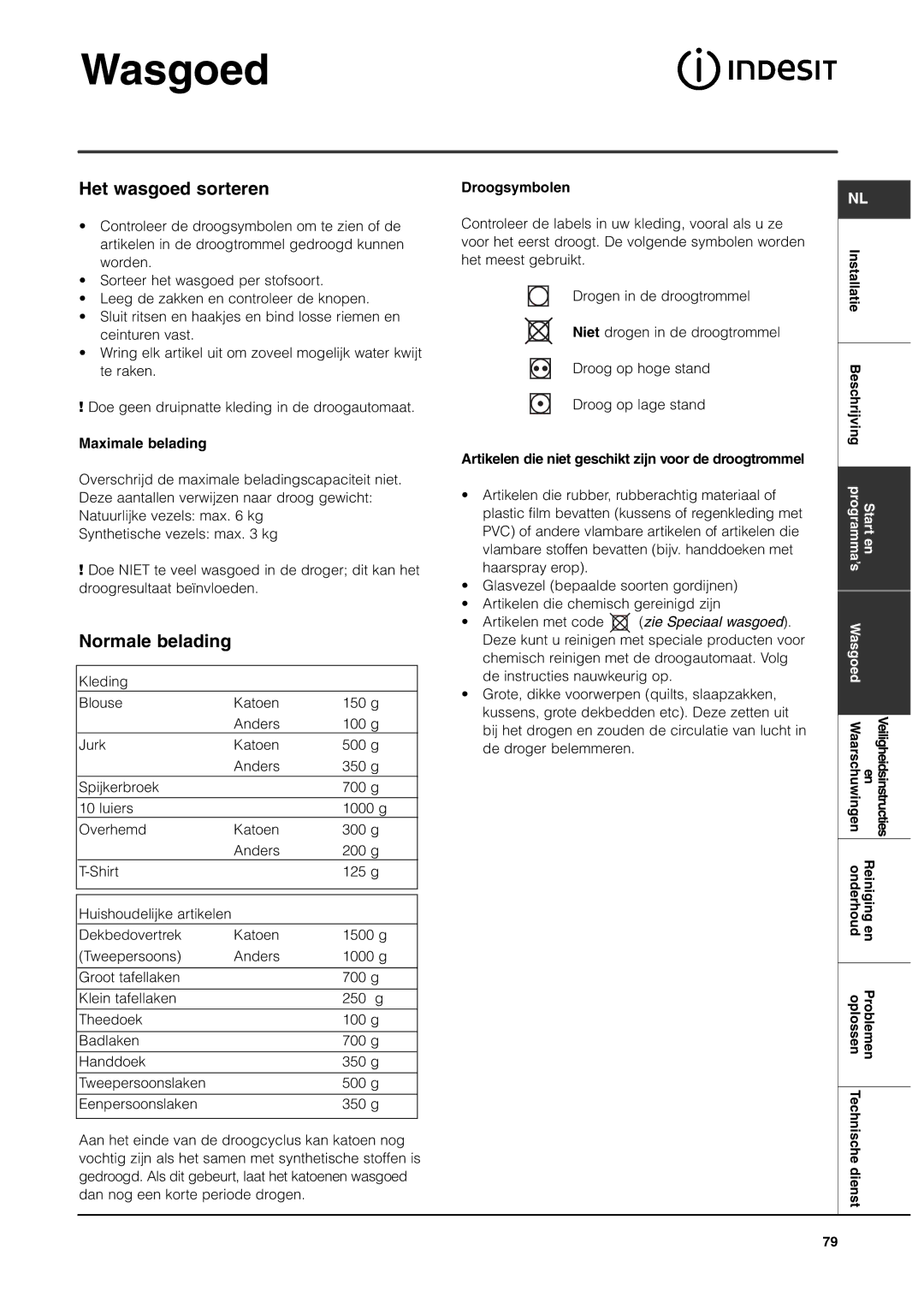 Indesit ISL65C, ISL66CX manual Wasgoed, Het wasgoed sorteren, Normale belading, Maximale belading, Droogsymbolen 