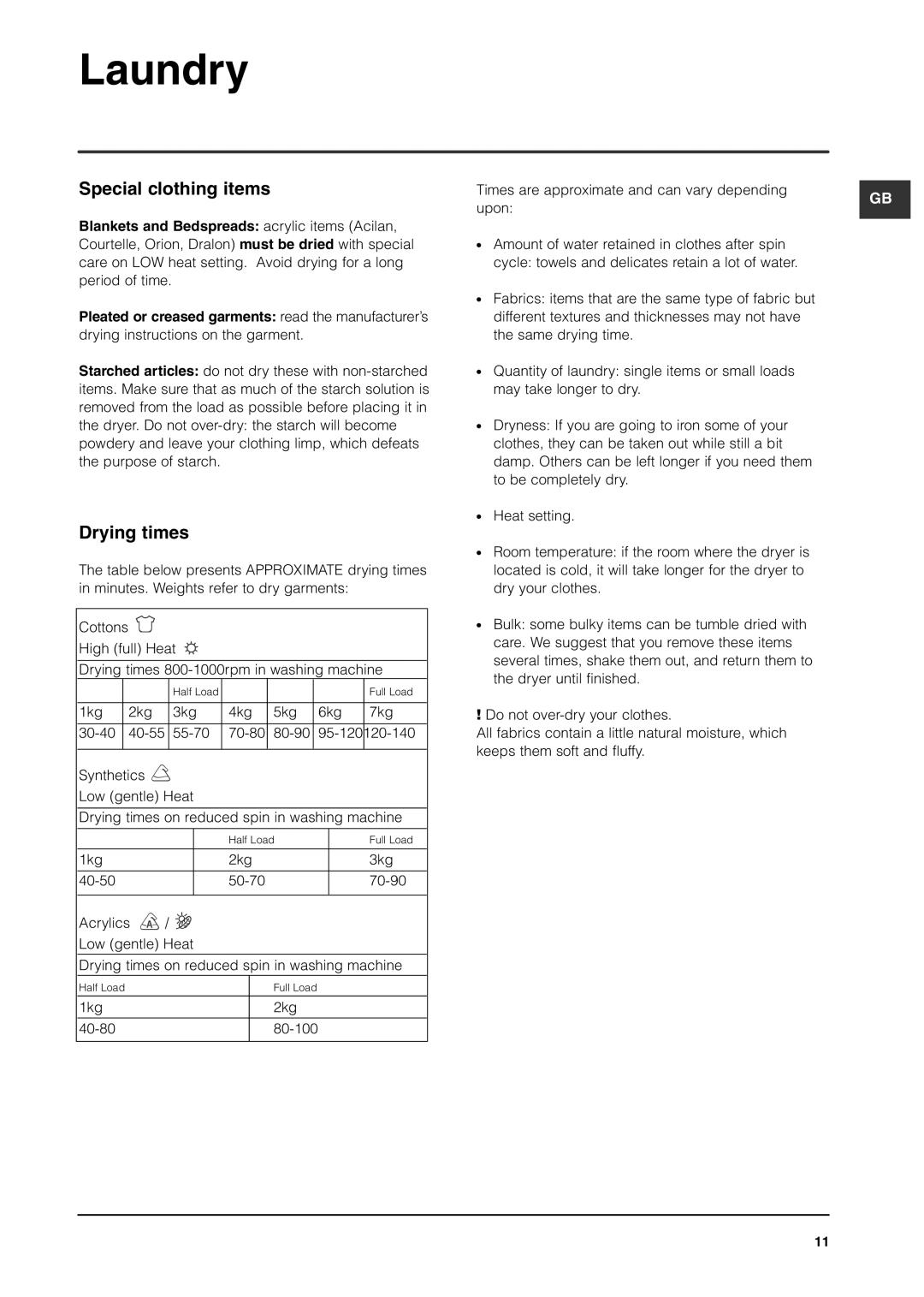 Indesit ISL70C manual Special clothing items, Drying times 