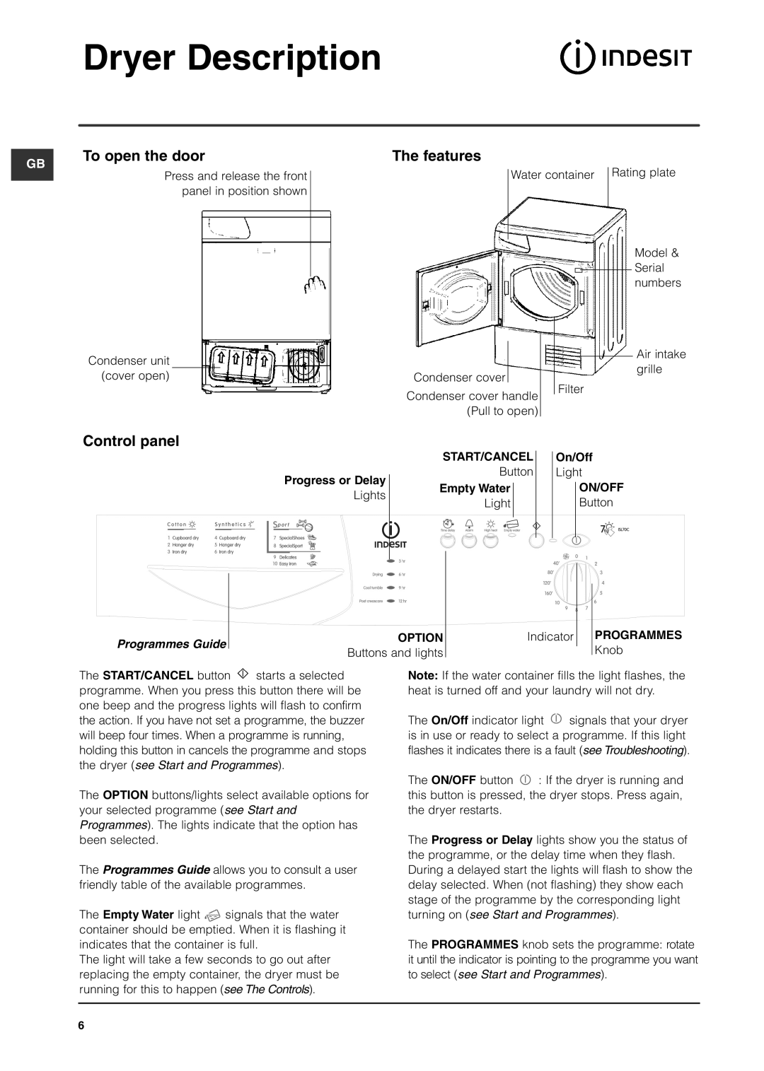 Indesit ISL70C manual Dryer Description, To open the door, Features, Control panel 