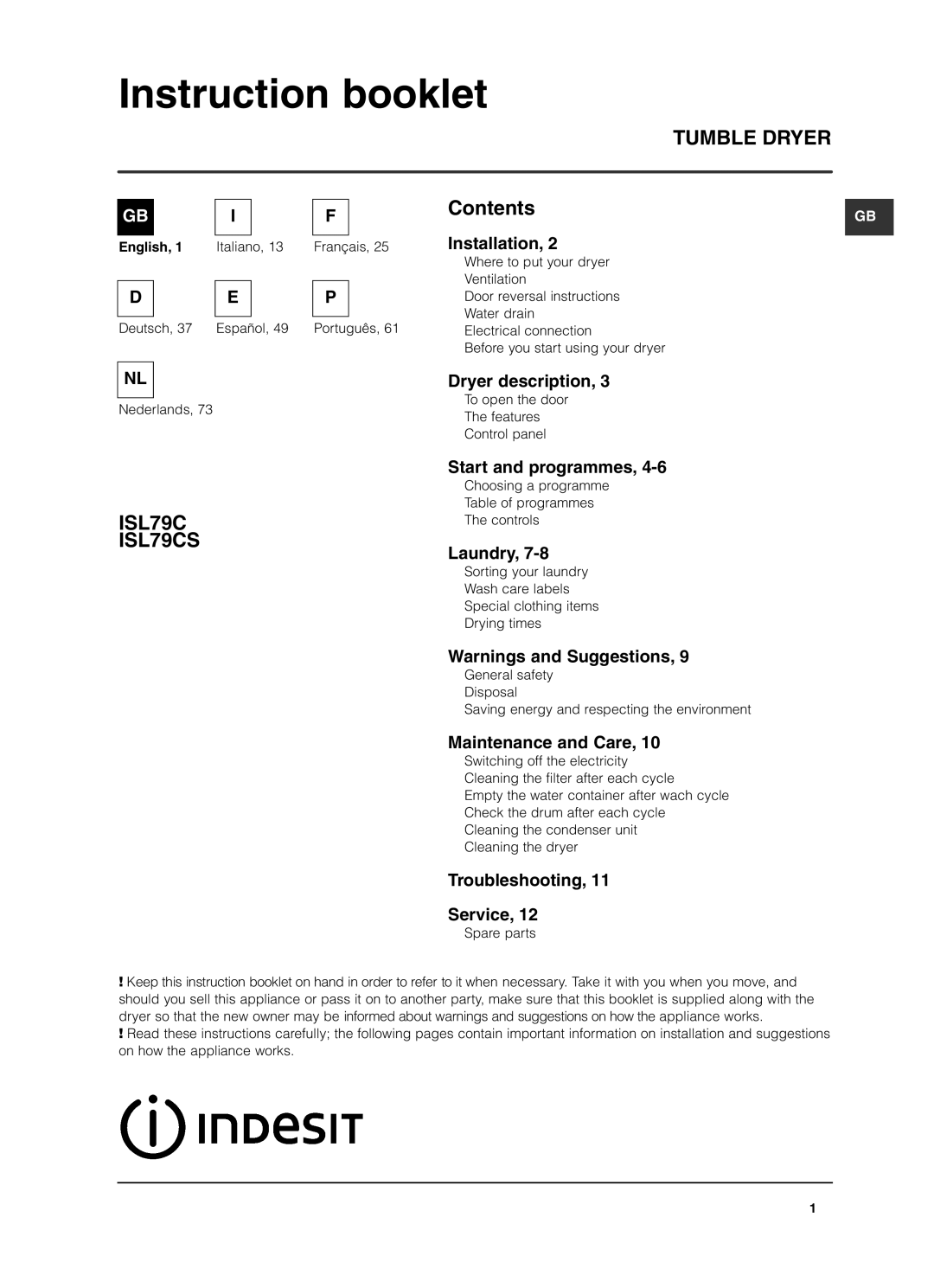 Indesit ISL79CS manual Instruction booklet, Tumble Dryer 