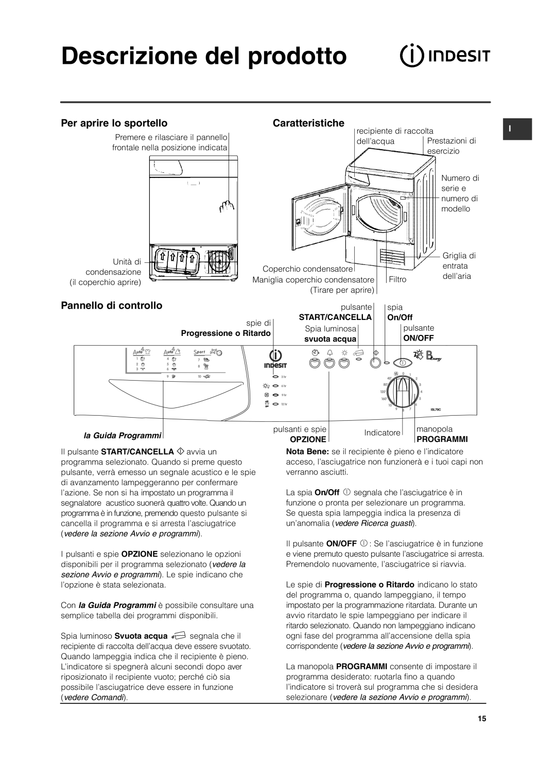 Indesit ISL79C Descrizione del prodotto, Per aprire lo sportello Caratteristiche, Pannello di controllo, Svuota acqua 