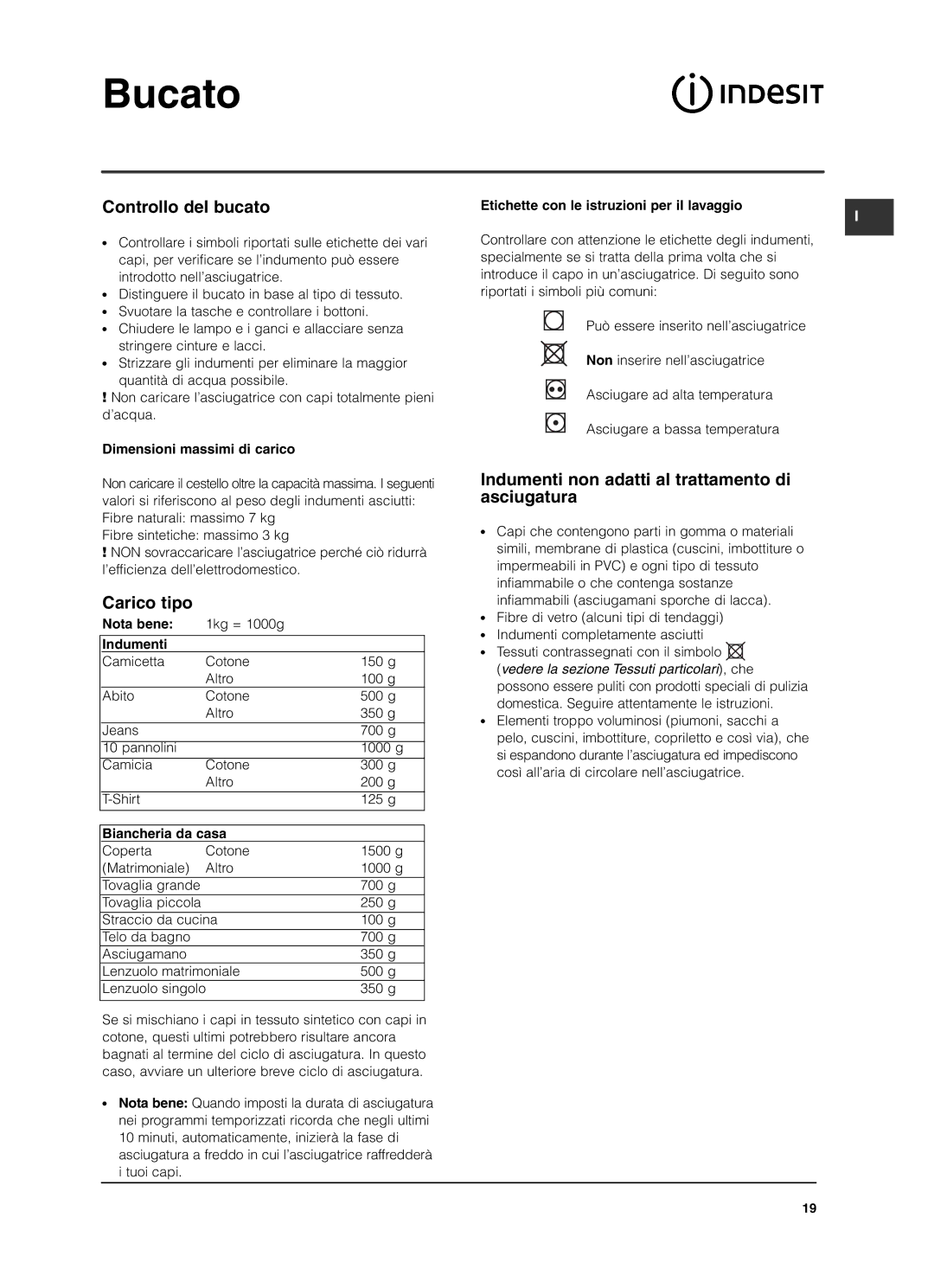 Indesit ISL79CS manual Bucato, Controllo del bucato, Carico tipo, Indumenti non adatti al trattamento di asciugatura 