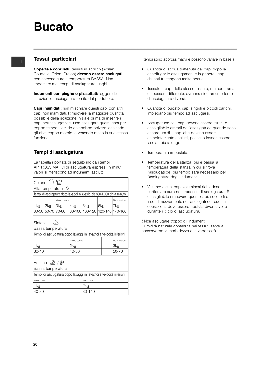 Indesit ISL79CS manual Tessuti particolari, Tempi di asciugatura, Sintetici Bassa temperatura 