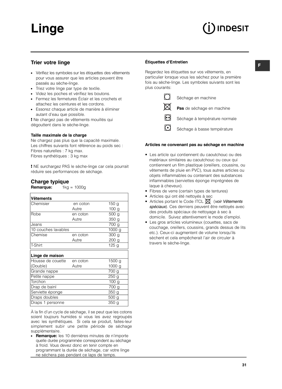 Indesit ISL79CS manual Linge, Trier votre linge, Charge typique 