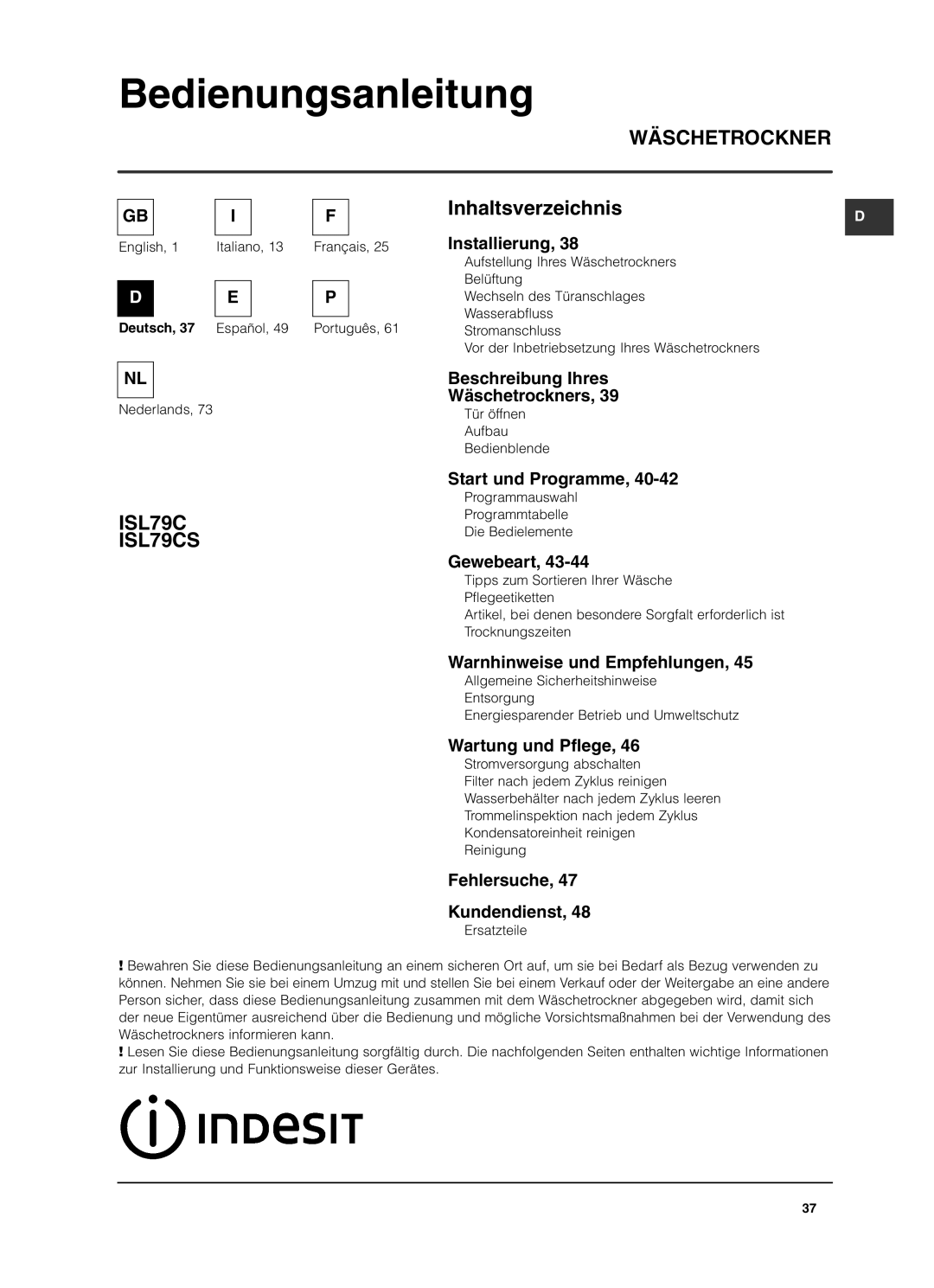 Indesit ISL79CS manual Bedienungsanleitung 