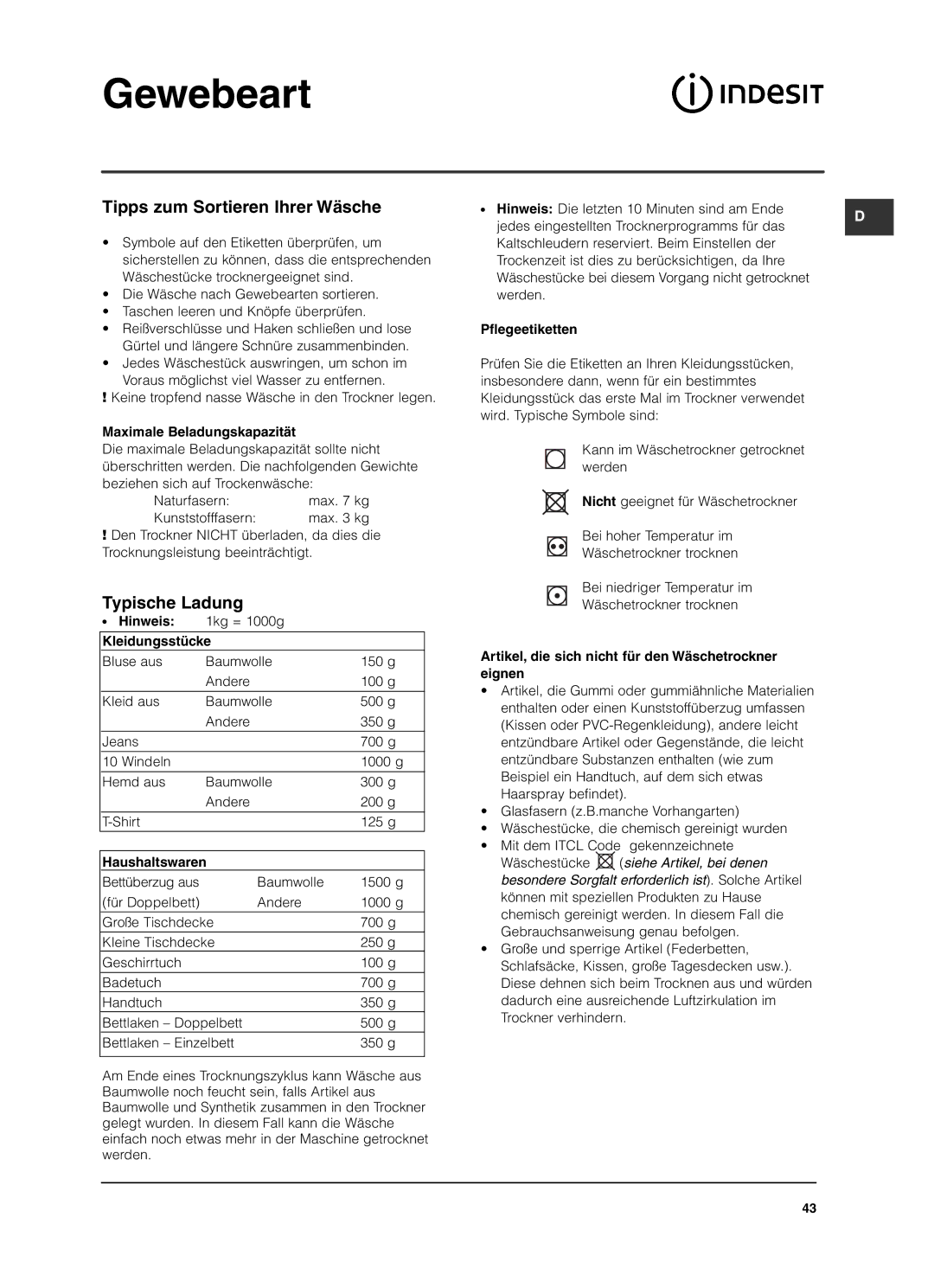 Indesit ISL79CS manual Gewebeart, Tipps zum Sortieren Ihrer Wäsche, Typische Ladung 