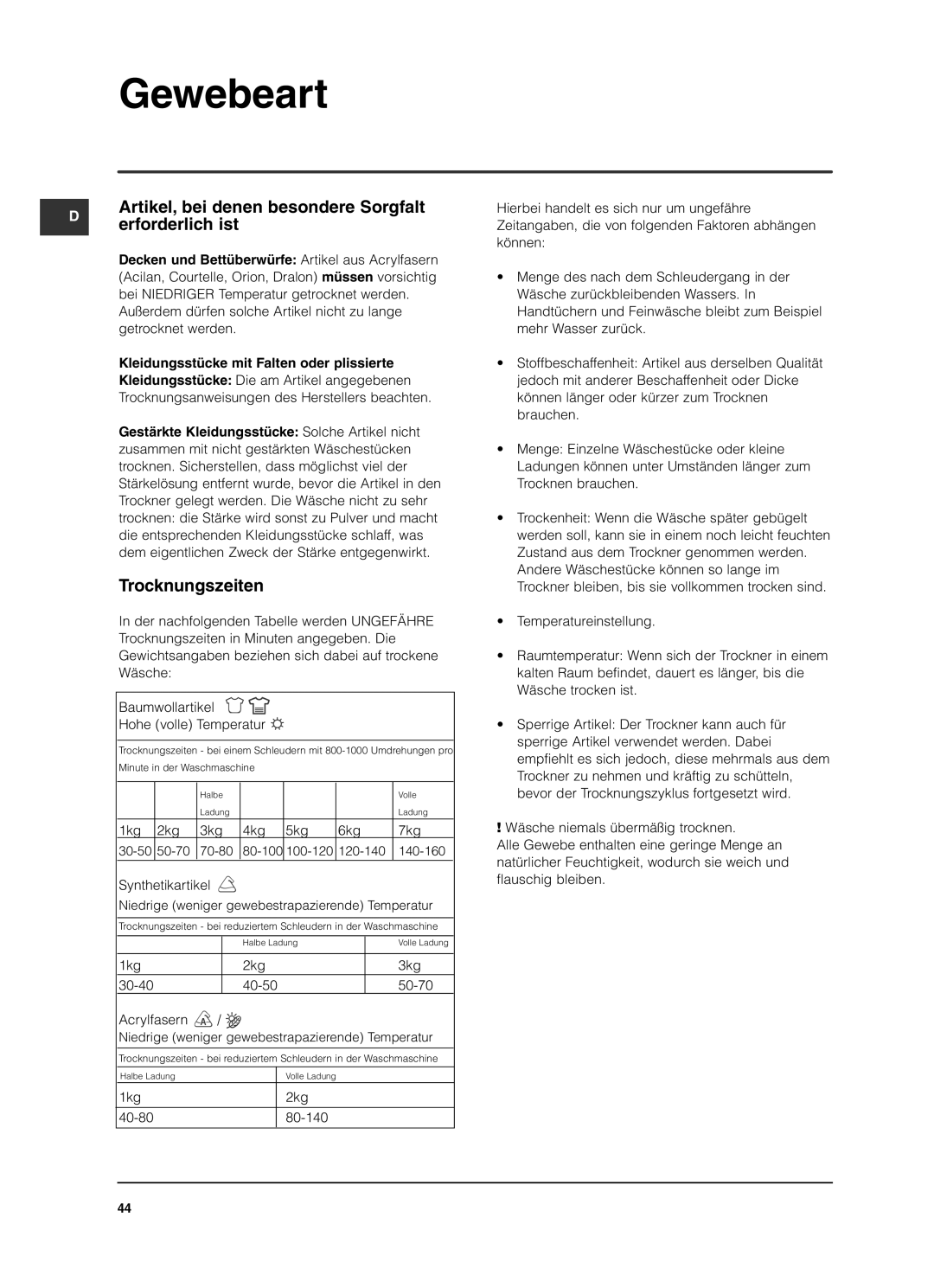 Indesit ISL79CS manual Artikel, bei denen besondere Sorgfalt, Erforderlich ist, Trocknungszeiten 