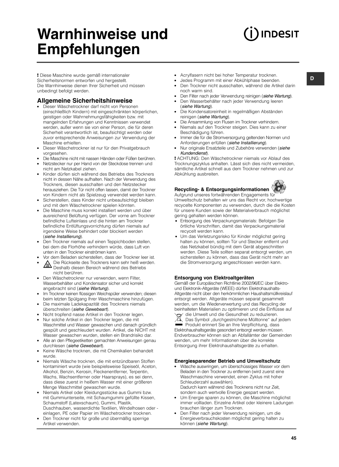 Indesit ISL79C manual Warnhinweise und Empfehlungen, Allgemeine Sicherheitshinweise, Recycling- & Entsorgungsinformationen 