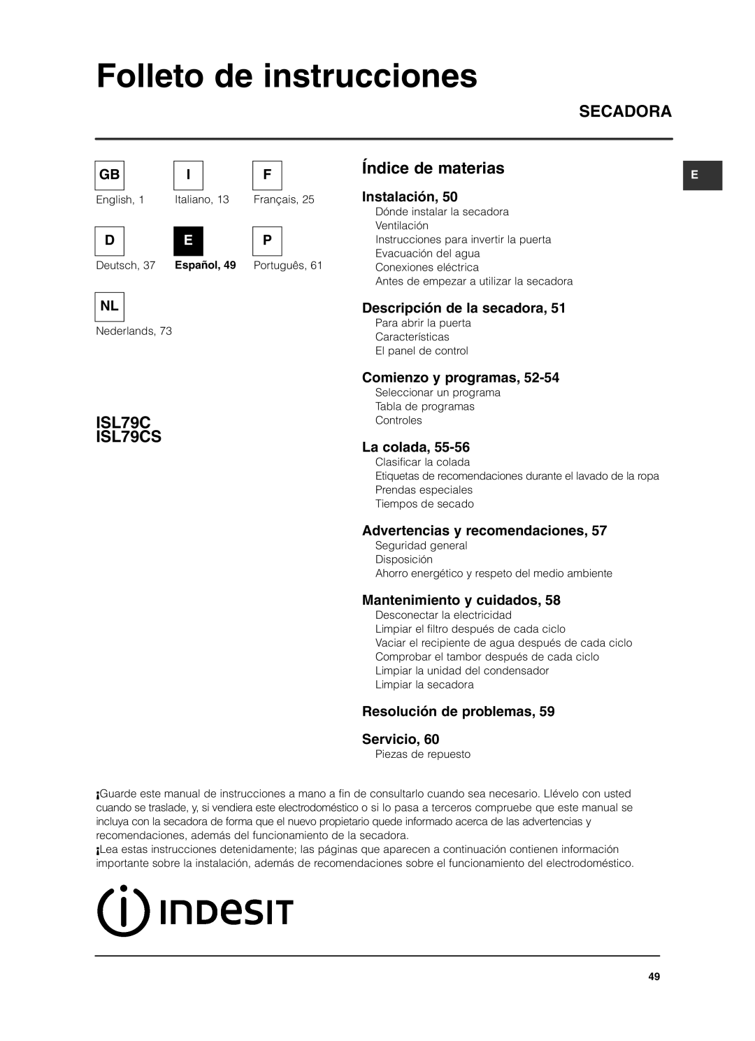 Indesit ISL79CS manual Folleto de instrucciones 