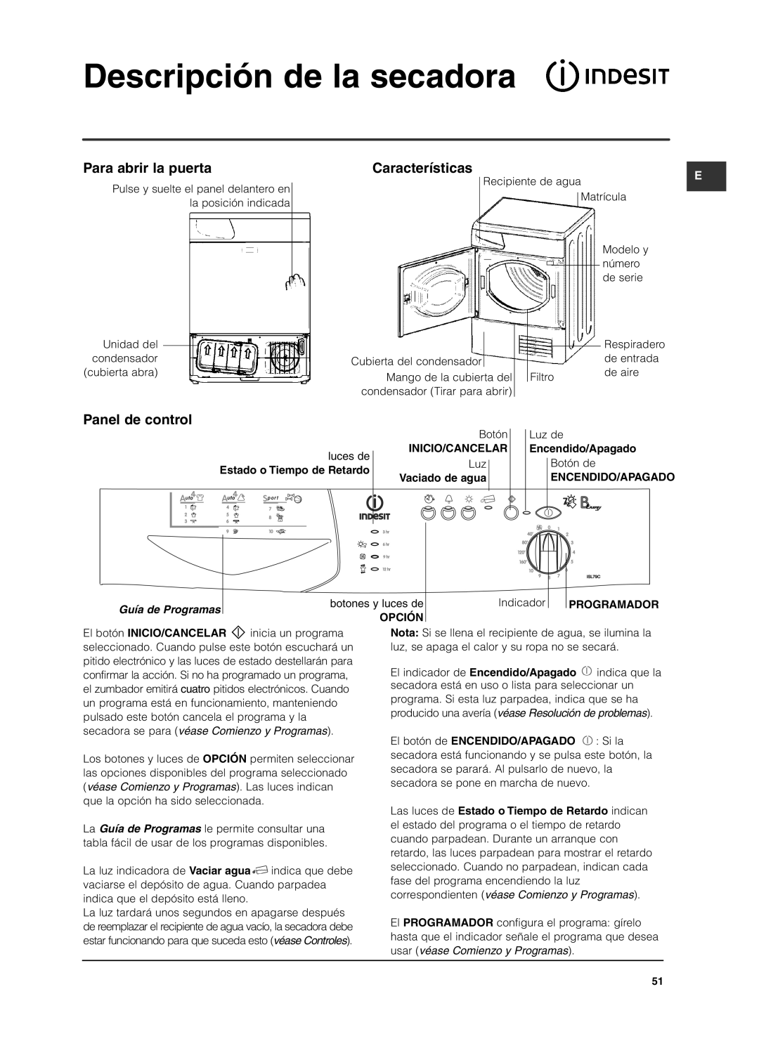 Indesit ISL79C Descripción de la secadora, Para abrir la puerta, Características, Panel de control, Guía de Programas 