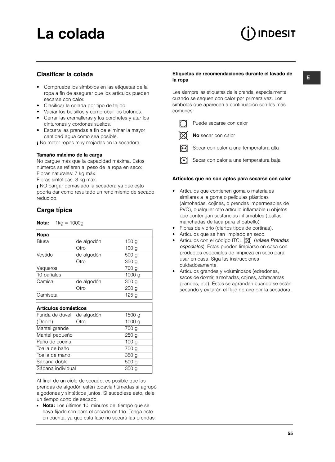 Indesit ISL79CS manual La colada, Clasificar la colada, Carga típica 