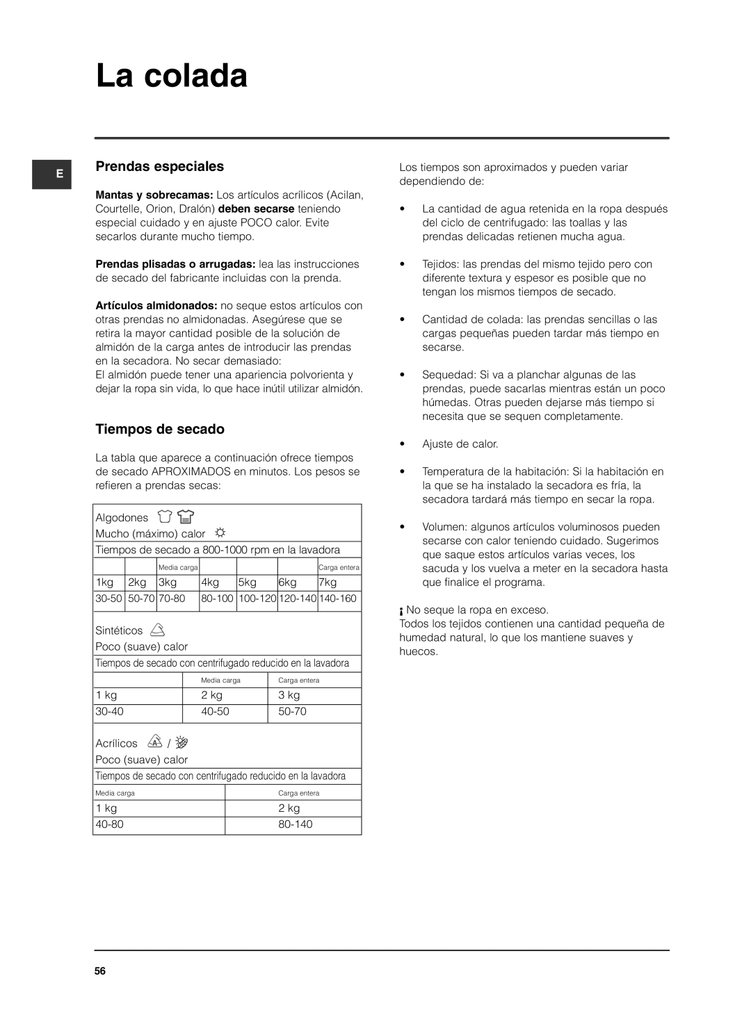 Indesit ISL79CS manual Prendas especiales, Tiempos de secado 