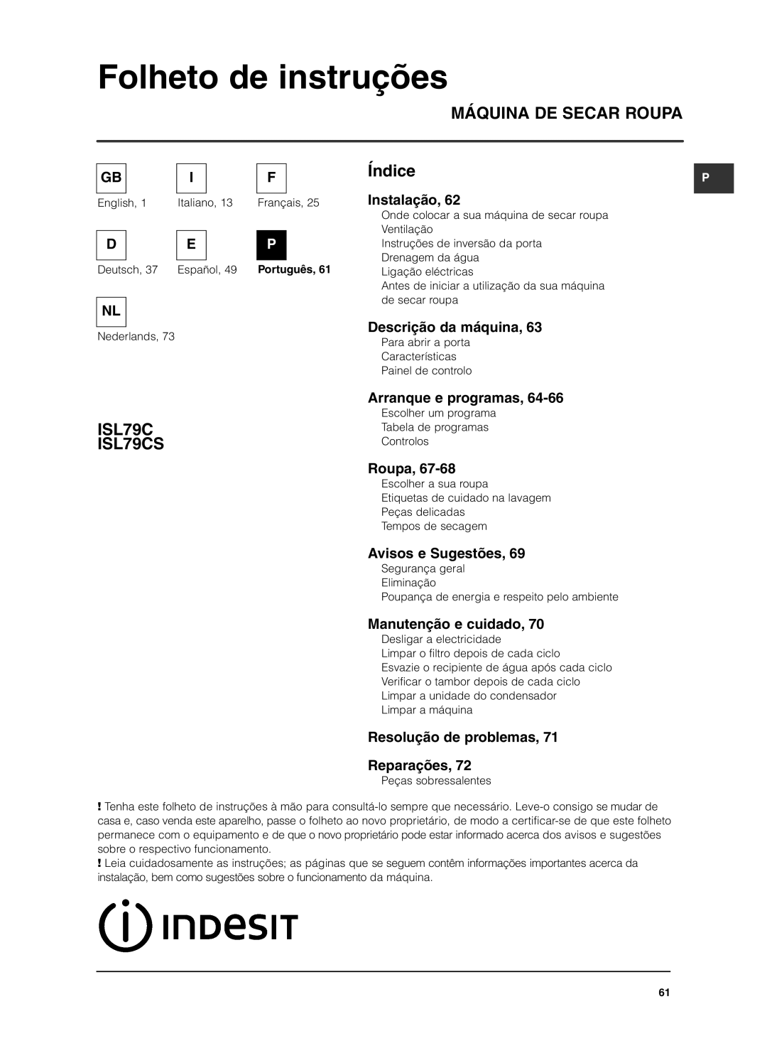 Indesit ISL79CS manual Folheto de instruções 