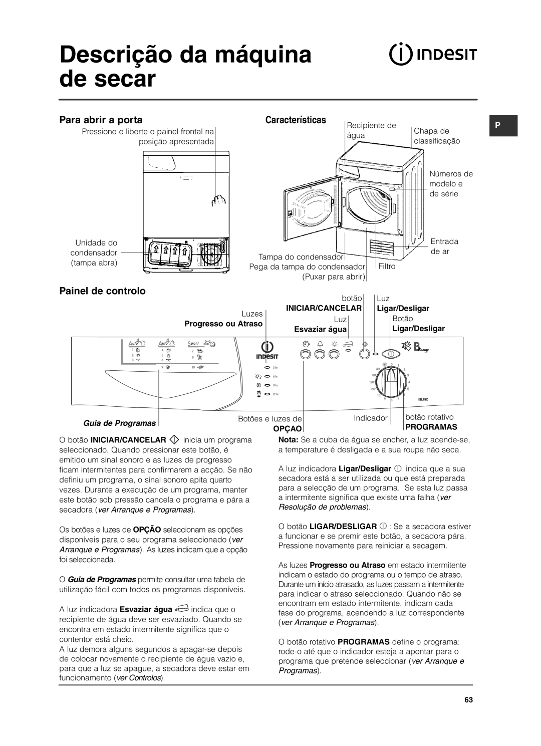 Indesit ISL79CS manual Descrição da máquina de secar, Para abrir a porta, Painel de controlo, Guia de Programas 