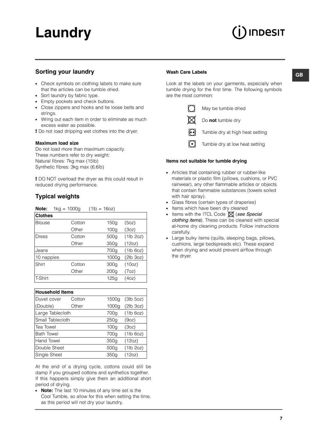 Indesit ISL79CS manual Laundry, Sorting your laundry, Typical weights 