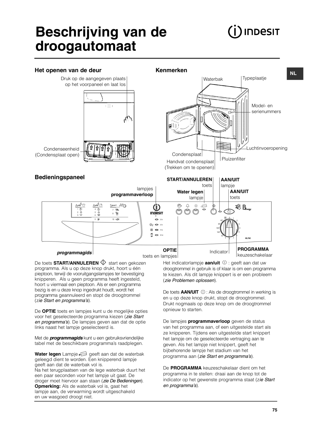 Indesit ISL79C manual Beschrijving van de droogautomaat, Het openen van de deur, Kenmerken, Bedieningspaneel, Programmagids 