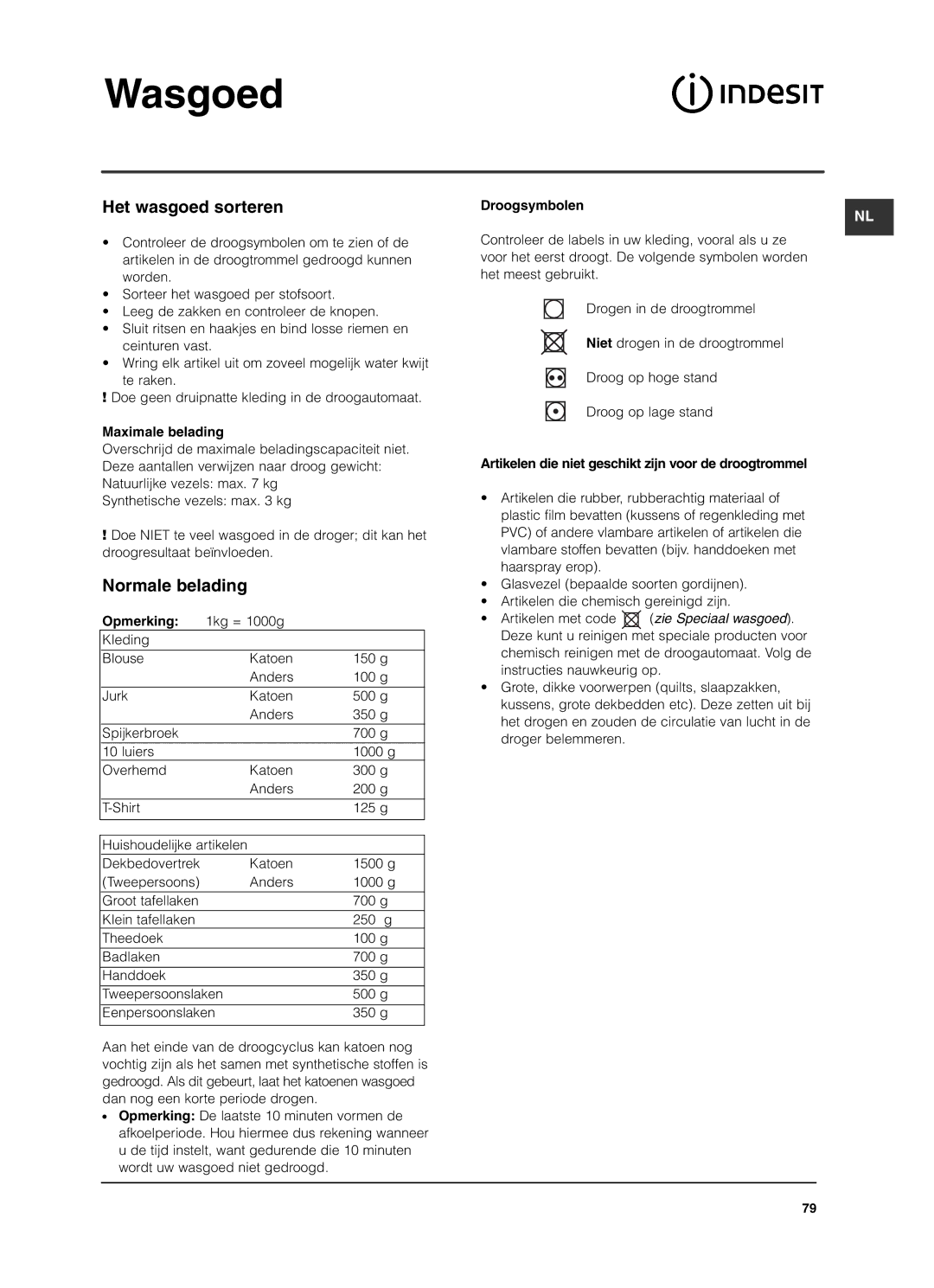 Indesit ISL79CS manual Wasgoed, Het wasgoed sorteren, Normale belading 