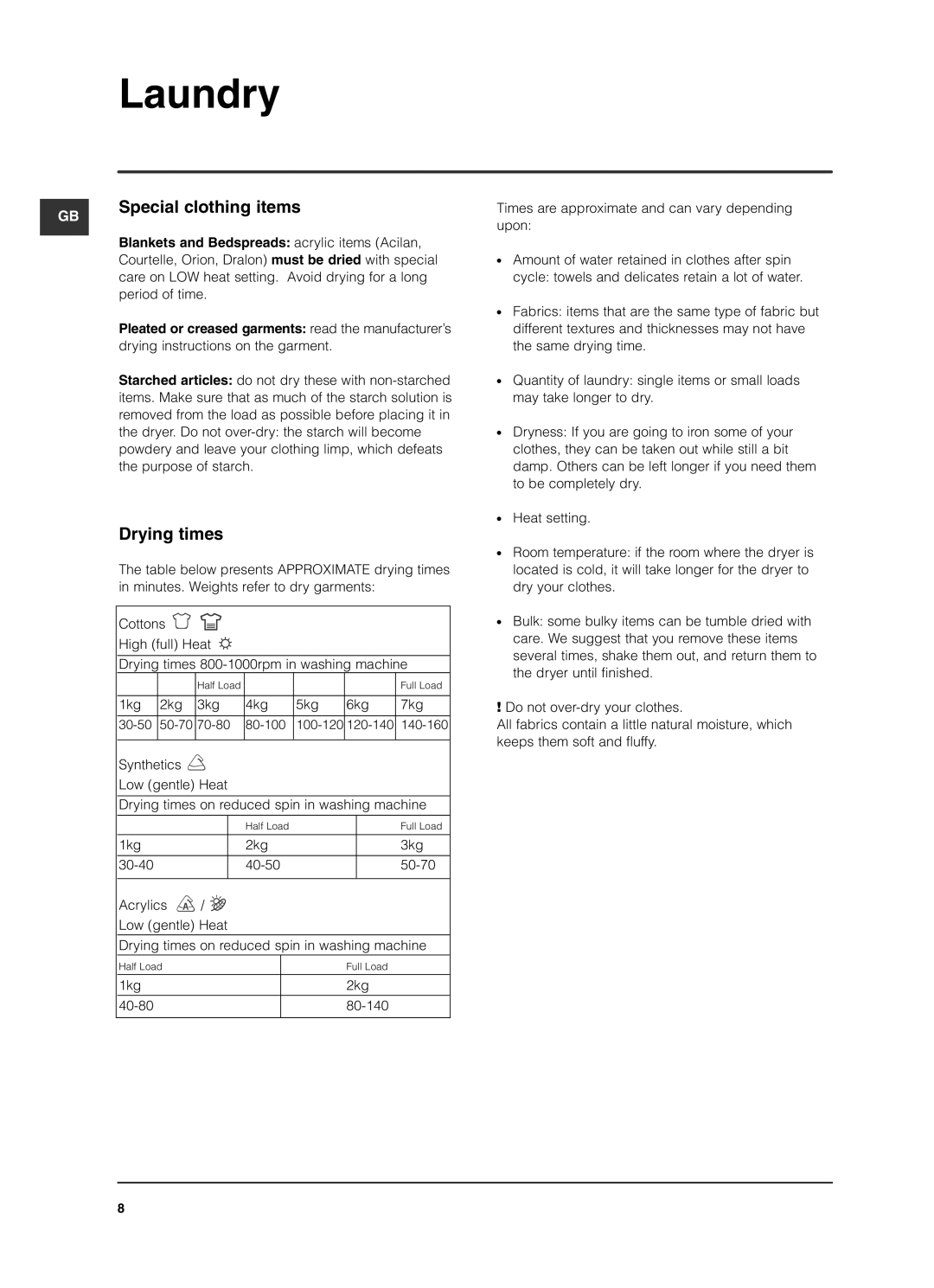 Indesit ISL79CS manual Special clothing items, Drying times, 1kg 2kg 3kg 4kg 5kg 6kg 7kg 