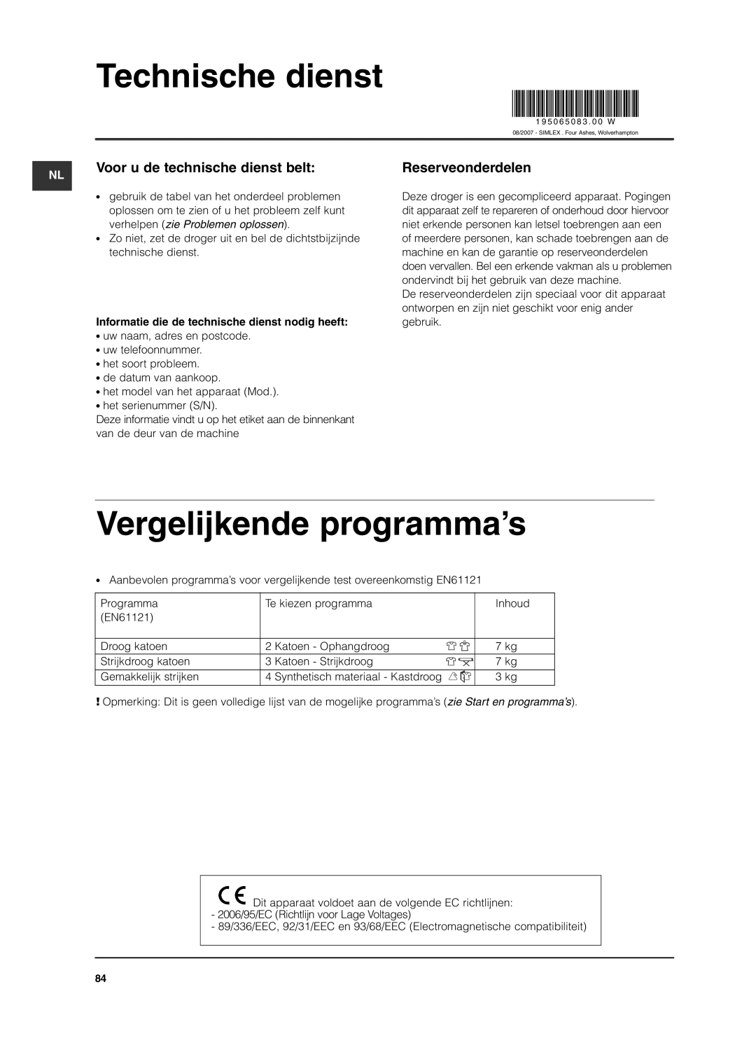 Indesit ISL79CS manual Technische dienst, Vergelijkende programma’s, Voor u de technische dienst belt, Reserveonderdelen 