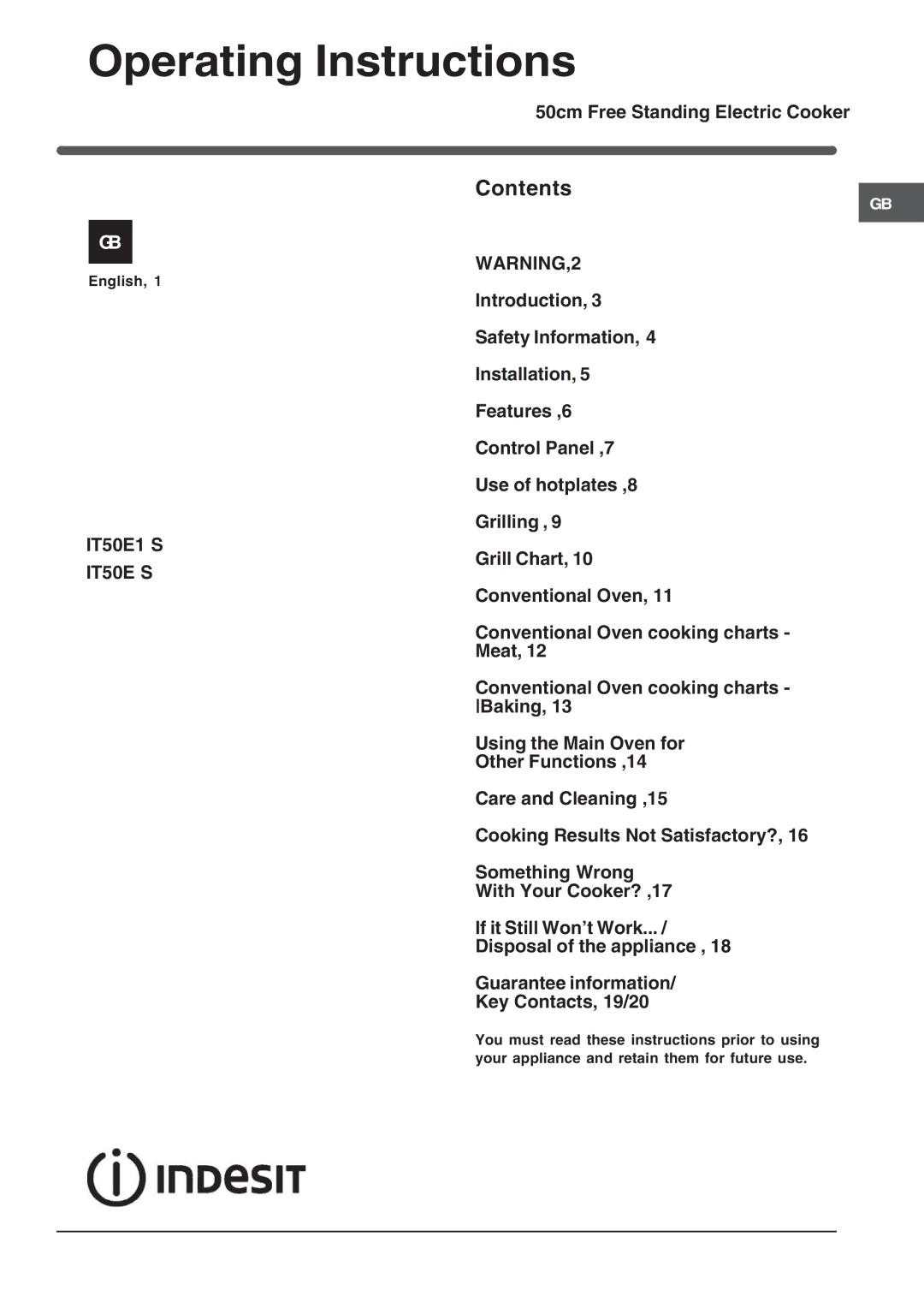 Indesit IT50E1 S, IT50E S manual Operating Instructions, Contents 