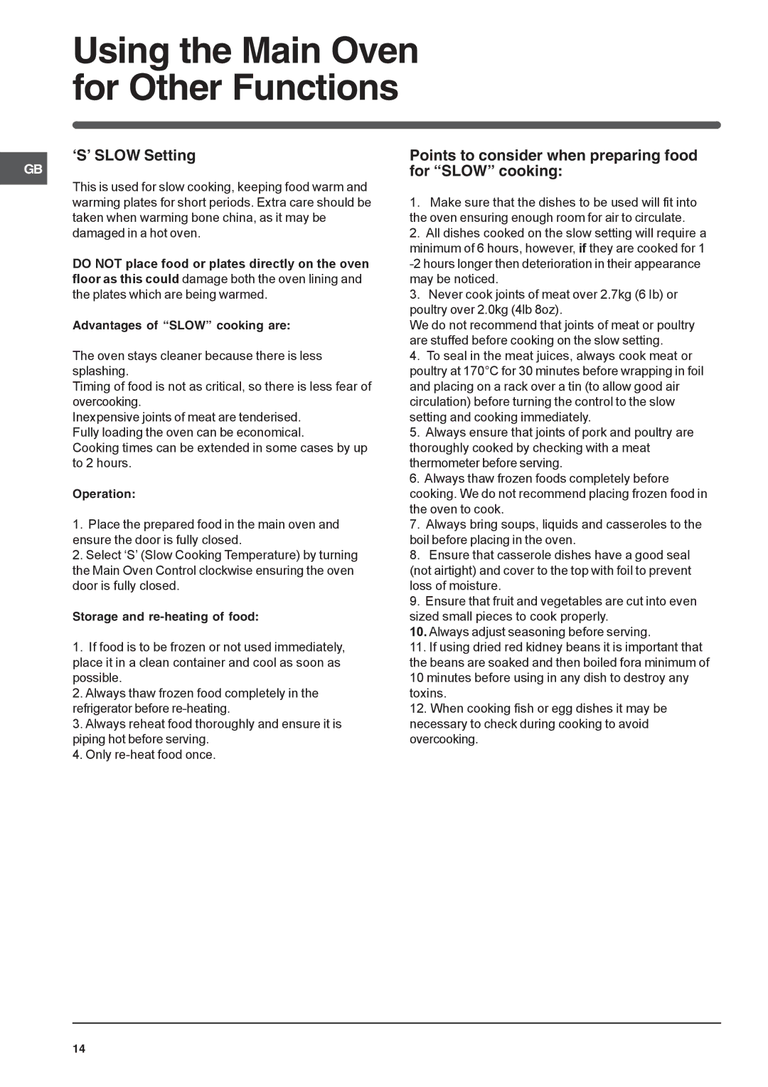 Indesit IT50E S, IT50E1 S manual ‘S’ Slow Setting, Points to consider when preparing food for Slow cooking, Operation 