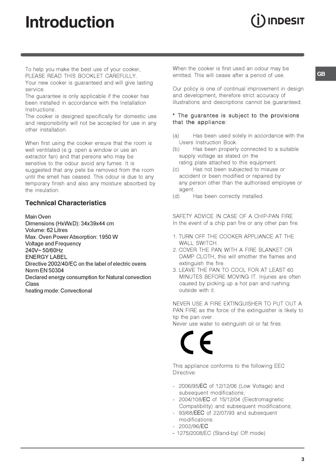 Indesit IT50E1 S manual Introduction, Technical Characteristics, Guarantee is subject to the provisions that the appliance 