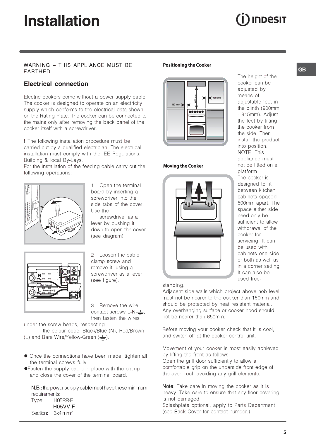 Indesit IT50E1 S, IT50E S manual Installation, Electrical connection, Positioning the Cooker, Moving the Cooker 