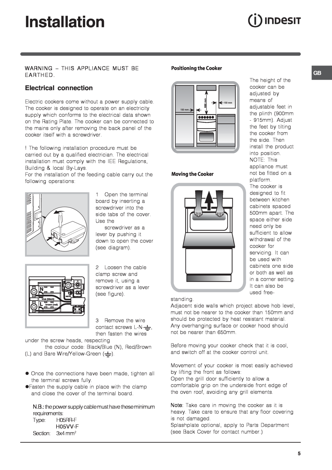 Indesit IT50E1 S Installation, Electrical connection, Warning - This Appliance Must Be Earthed, Positioning the Cooker 