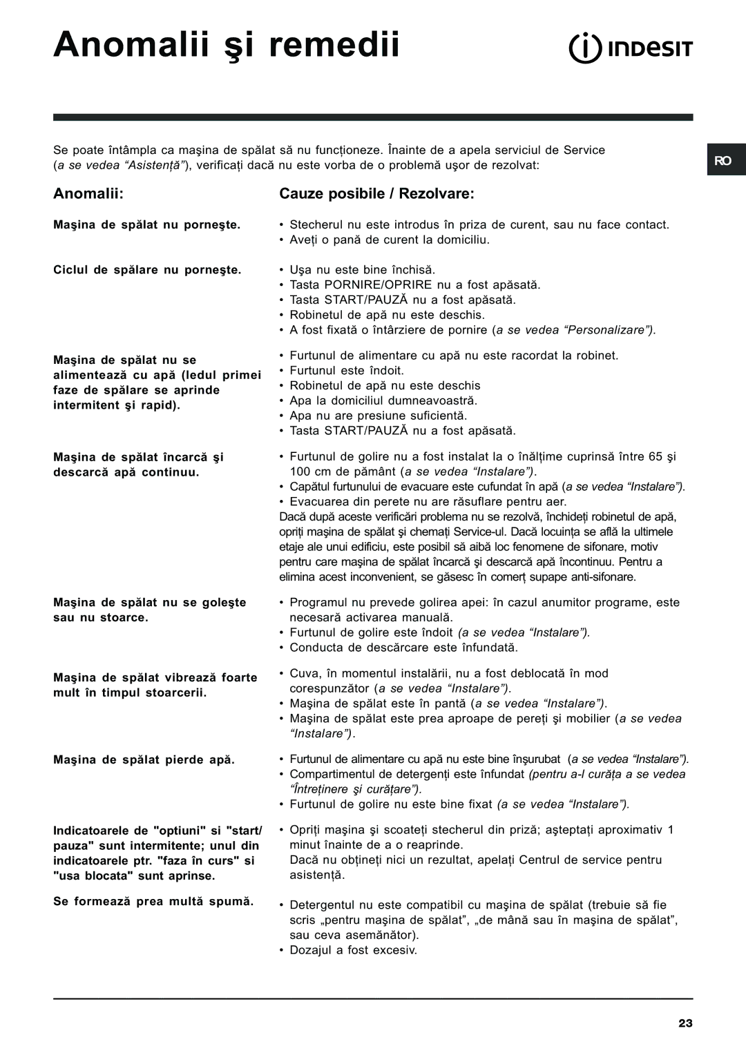 Indesit IWB 5065 manual Anomalii ºi remedii, Anomalii Cauze posibile / Rezolvare 