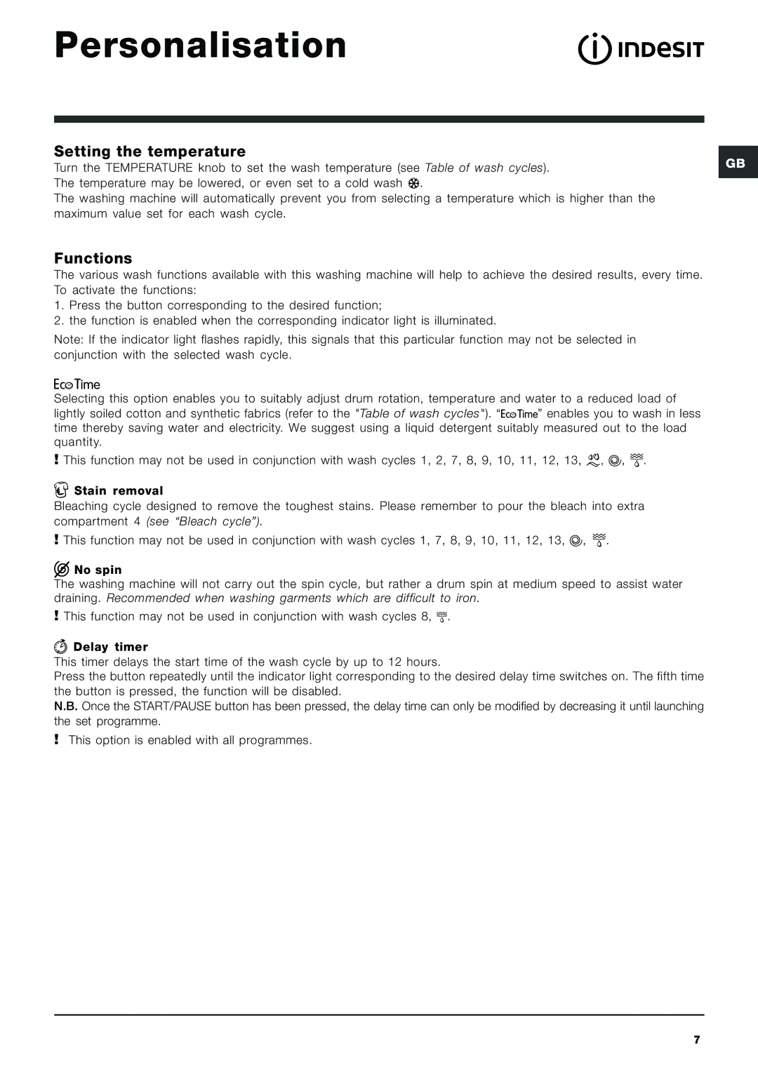 Indesit IWB 5065 manual Personalisation, Setting the temperature, Functions 