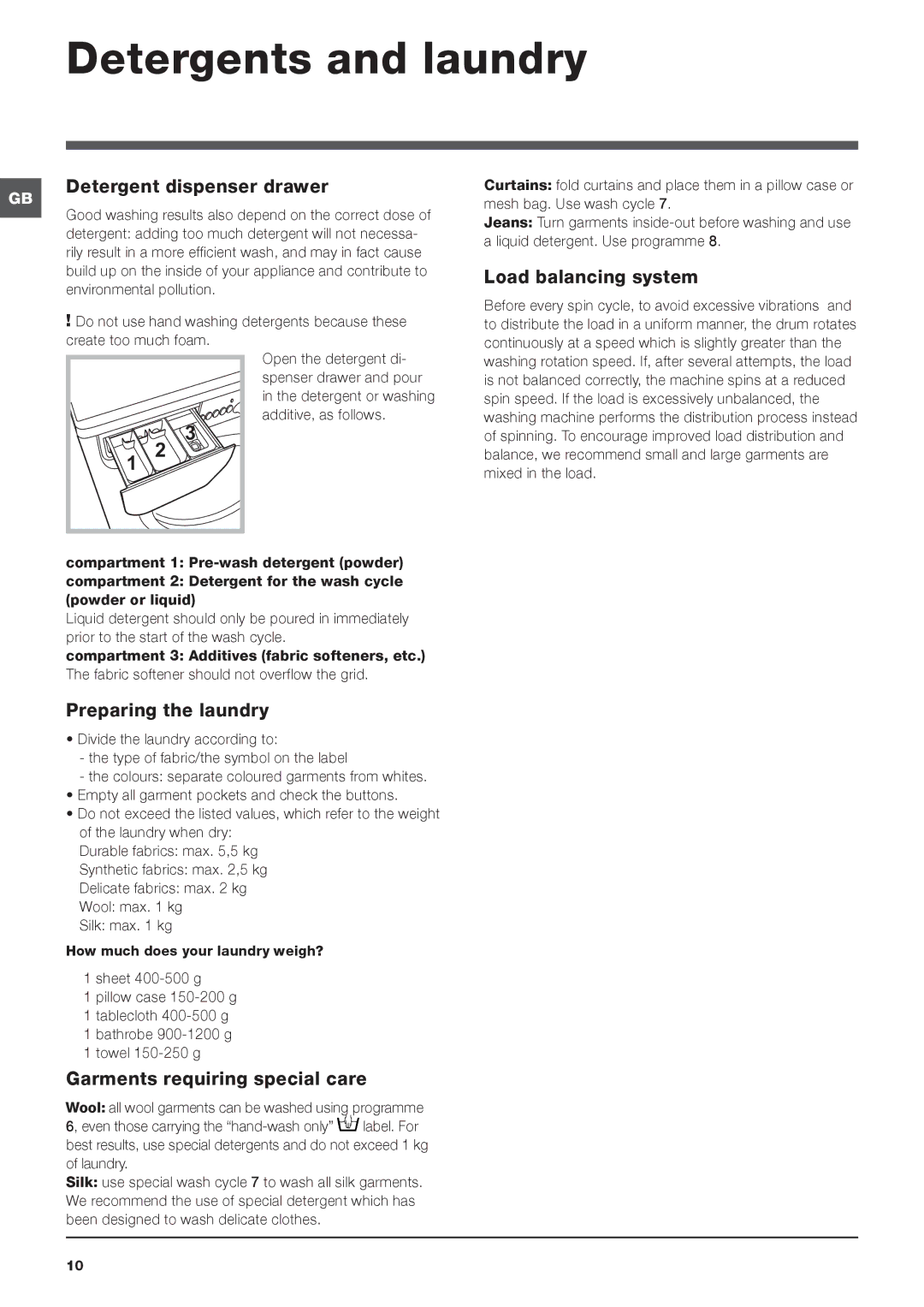 Indesit IWB 5113 manual Detergents and laundry, Detergent dispenser drawer, Load balancing system, Preparing the laundry 