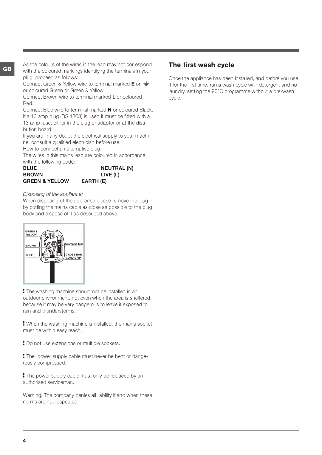 Indesit IWB 5113 manual First wash cycle, Disposing of the appliance 