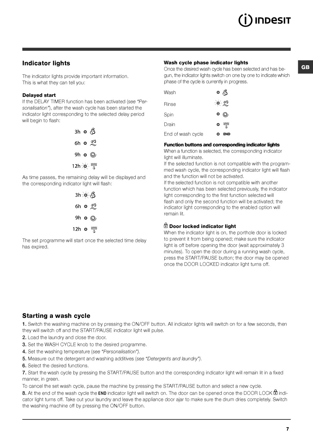 Indesit IWB 5113 manual Indicator lights, Starting a wash cycle, Remain lit Door locked indicator light 