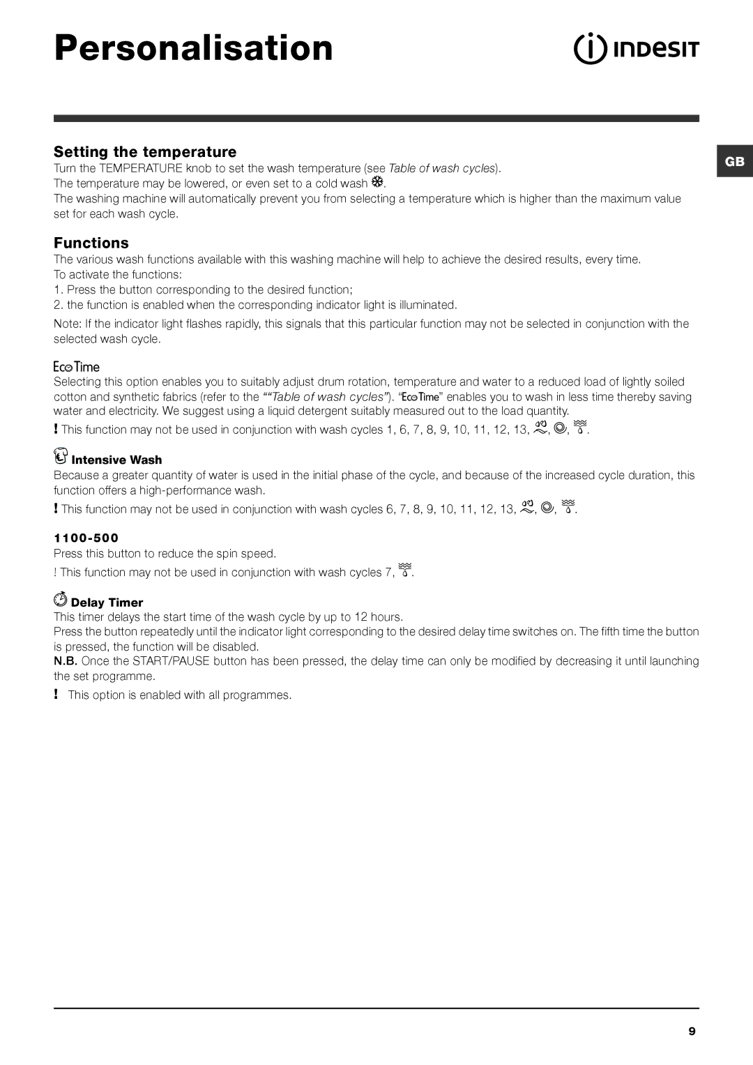 Indesit IWB 5113 manual Personalisation, Setting the temperature, Functions 