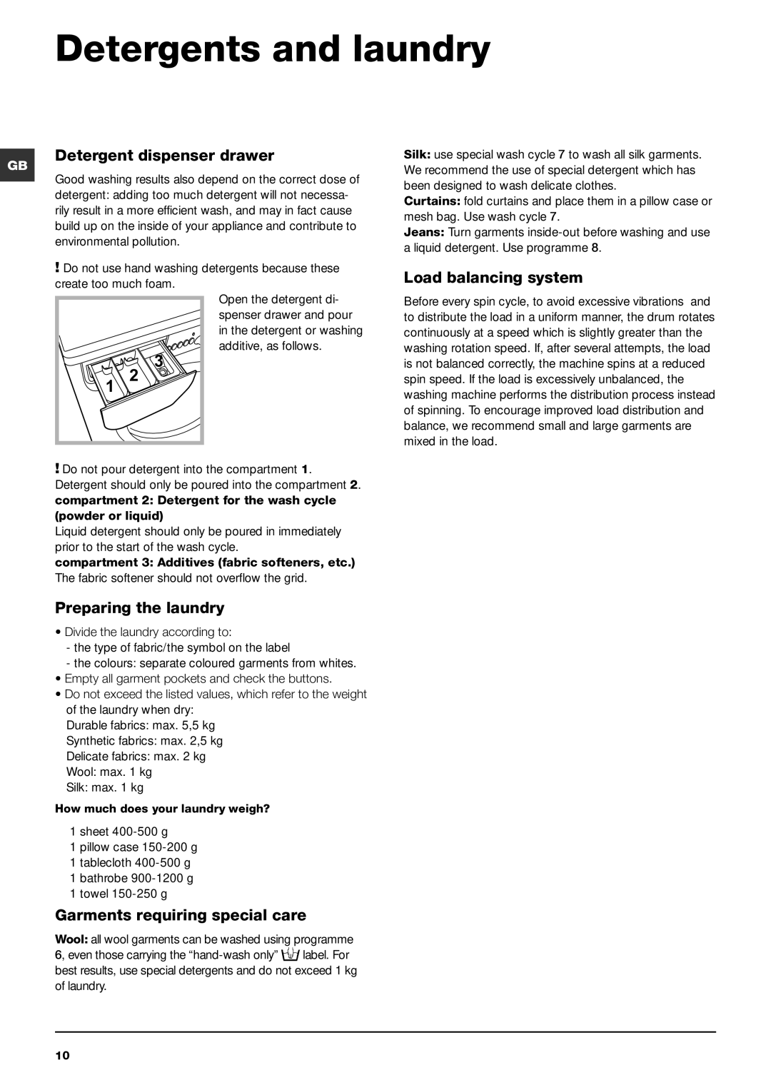 Indesit IWB 5113 manual Detergents and laundry, Detergent dispenser drawer, Load balancing system, Preparing the laundry 