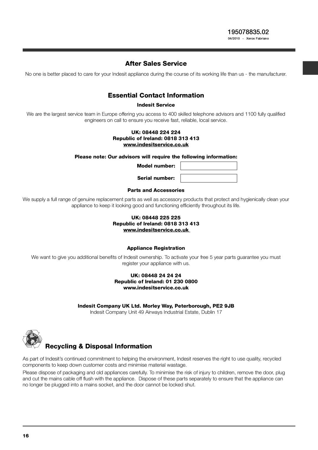 Indesit IWB 5113 manual 195078835.02, After Sales Service, Essential Contact Information, Recycling & Disposal Information 