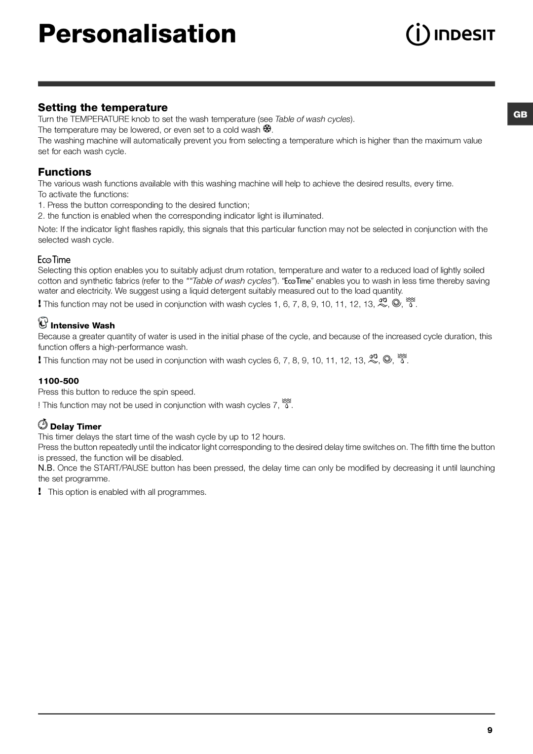 Indesit IWB 5113 manual Personalisation, Setting the temperature, Functions 