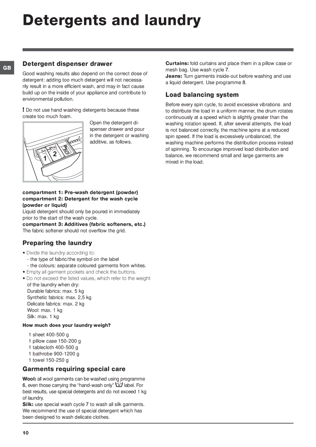 Indesit IWB 5123 manual Detergents and laundry, Detergent dispenser drawer, Load balancing system, Preparing the laundry 