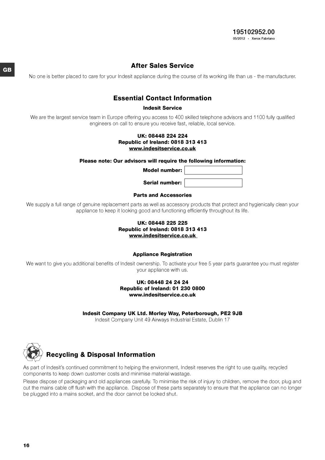 Indesit IWB 6123 manual 195102952.00, After Sales Service, Essential Contact Information, Recycling & Disposal Information 