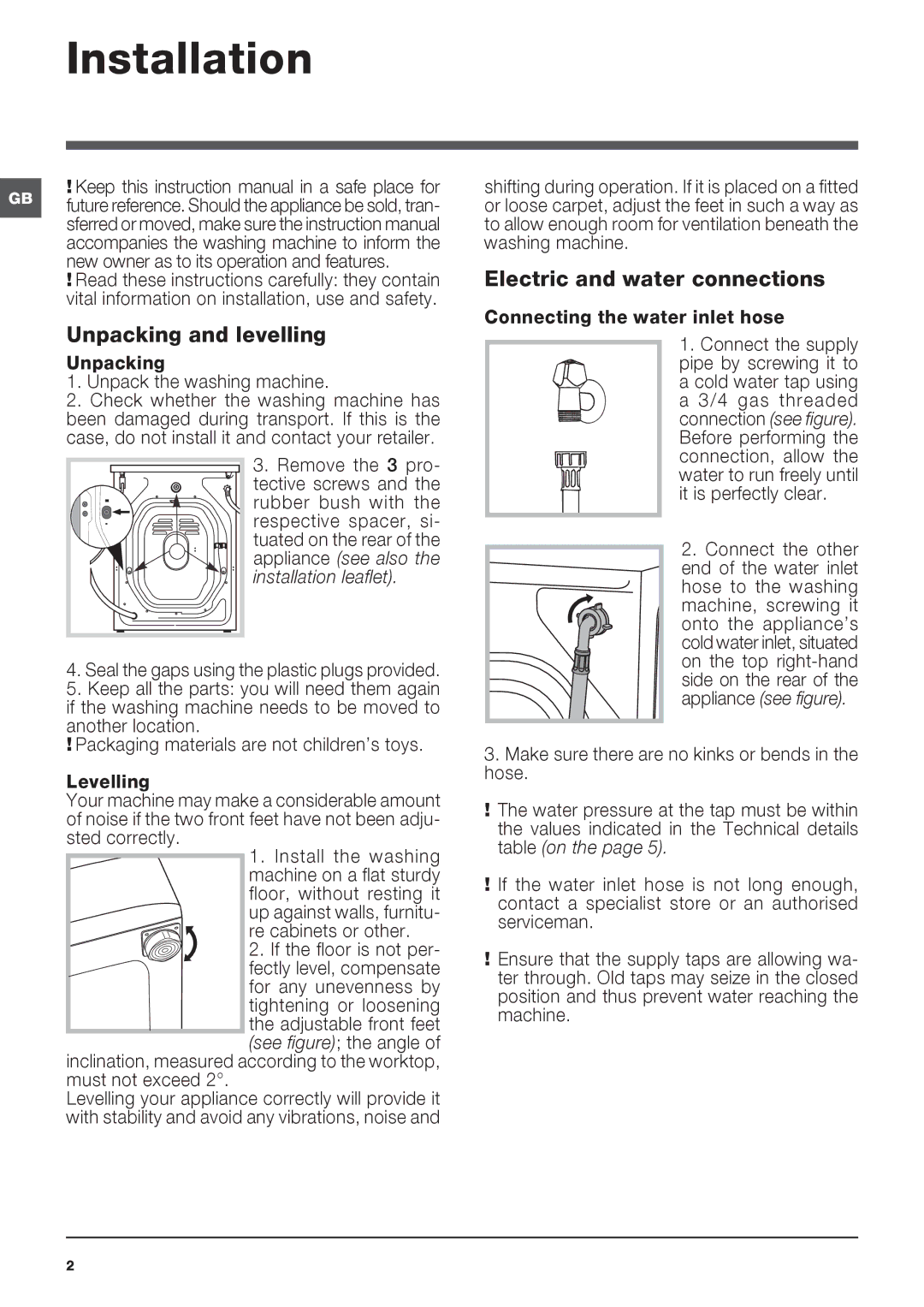 Indesit IWB 6123 manual Installation, Unpacking and levelling, Electric and water connections 