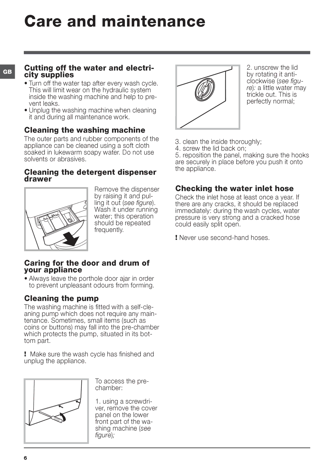 Indesit IWB 6123 manual Care and maintenance 