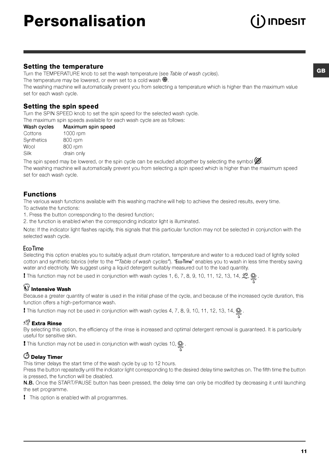 Indesit IWC 6105 manual Personalisation, Setting the temperature, Setting the spin speed, Functions 