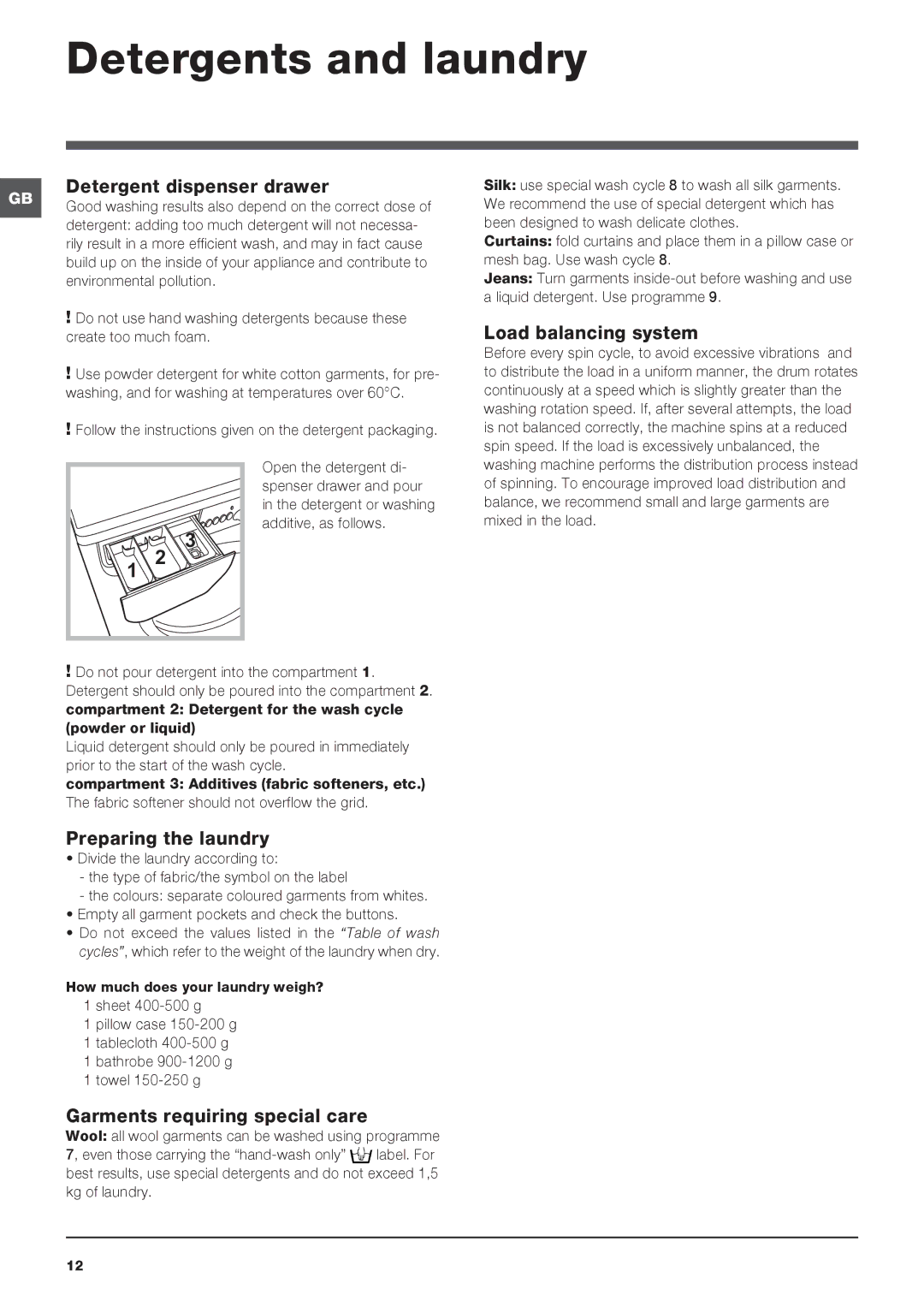 Indesit IWC 6105 manual Detergents and laundry, Detergent dispenser drawer, Load balancing system, Preparing the laundry 