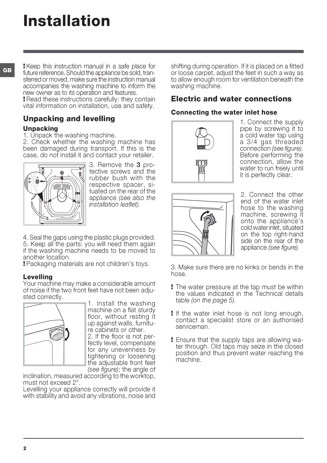 Indesit IWC 6105 manual Unpacking and levelling, Electric and water connections, Installation leaflet 