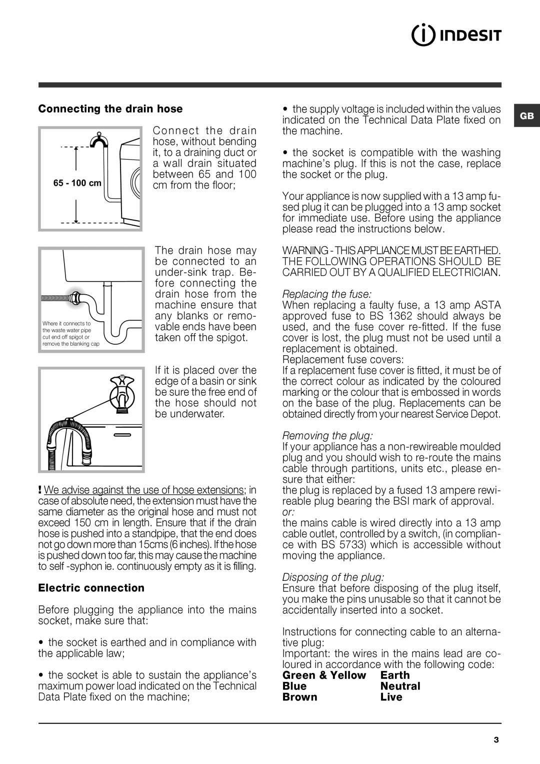 Indesit IWC 6105 manual Replacing the fuse, Removing the plug, Disposing of the plug 