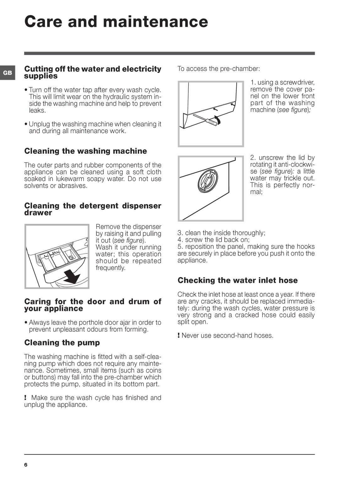 Indesit IWC 6105 manual Care and maintenance 