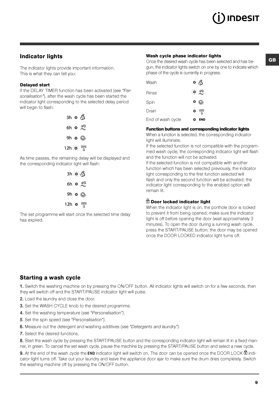 Indesit IWC 6105 manual Indicator lights, Starting a wash cycle 