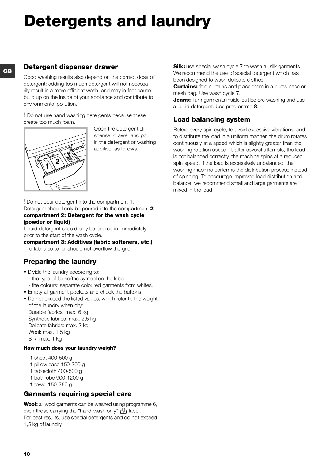 Indesit IWC 6105 manual Detergents and laundry, Detergent dispenser drawer, Load balancing system, Preparing the laundry 